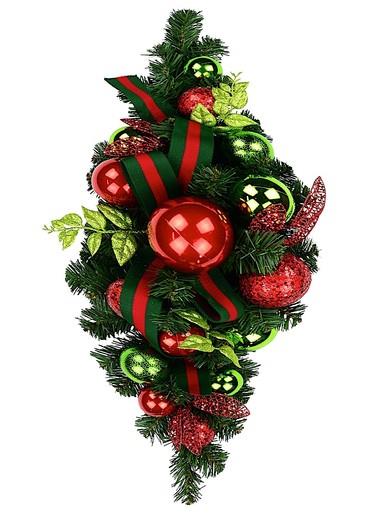 Red & Green Centrepiece With Baubles & Striped Ribbon – 74cm