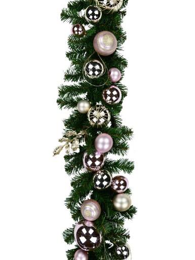 Champagne & Pink Bauble Decorated Garland With Ribbon – 2.7m