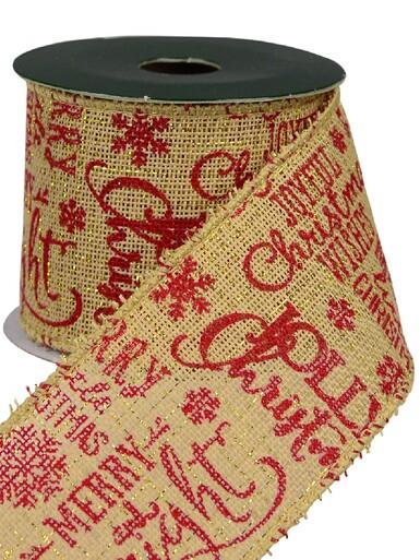 Red Font On Natural Burlap Look Fabric & Edging Christmas Ribbon – 3m
