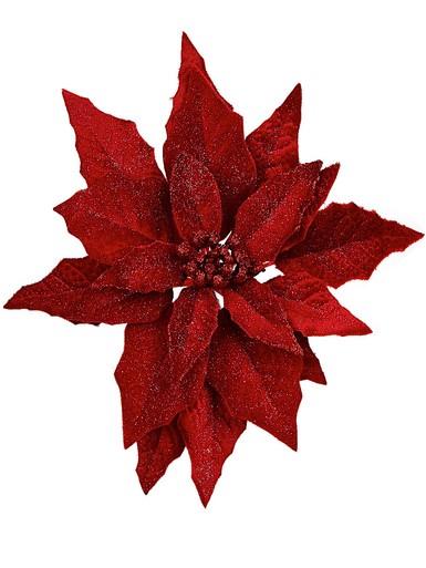 Red Glittered Velvet Poinsettia Decorative Christmas Flower Pick – 28cm