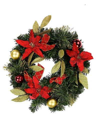 Red & Gold Wreath With Poinsettias, Baubles, Leaves & Gold Tips – 45cm