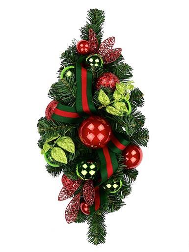 Red & Green Centrepiece With Baubles & Striped Ribbon – 64cm