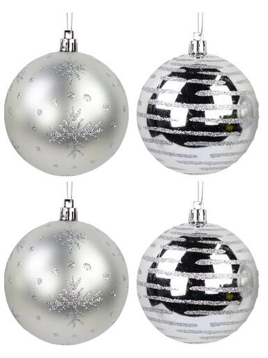 Silver Gloss & Matte Baubles With Glitter Lines & Snowflakes Print – 8 x 80mm