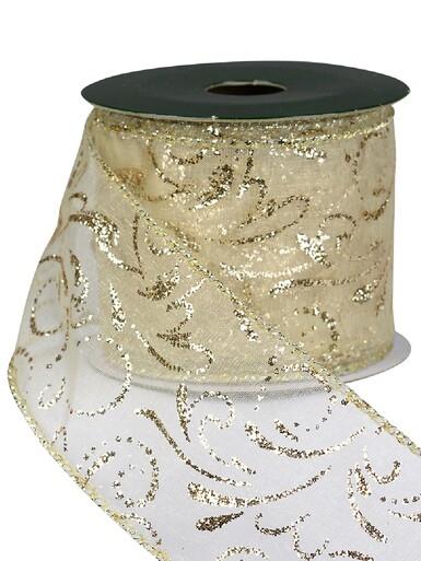 Swirl Pattern Cream On Sheer Christmas Ribbon With Gold Glitter Edging – 3m