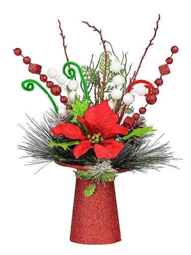 Red Glittered Top Hat Base Table Top Decoration with Poinsettia – 40cm