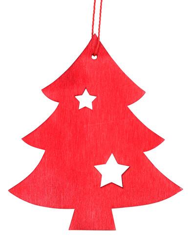 Red Natural Wood 2D Tree With Star Hanging Decoration – 12cm